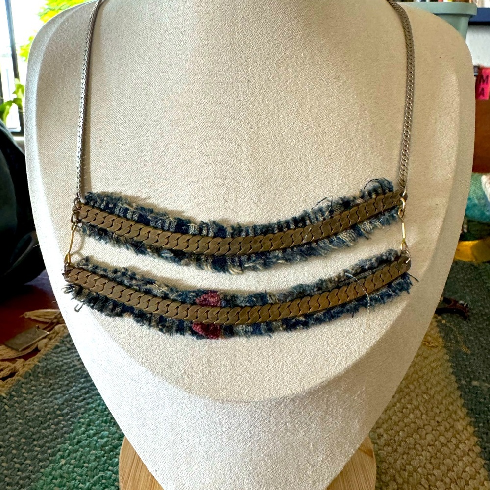 Mixed Media Blue Fabric and Bronze Chain Statement Necklace
